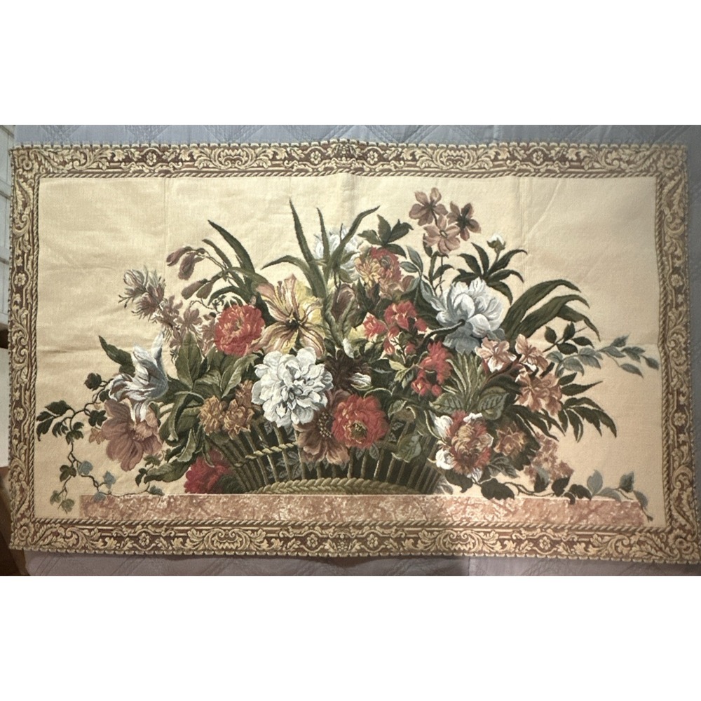 Authentic Vintage Tapestry by Tapisseries du Lion France 70x118 cm Flower Basket